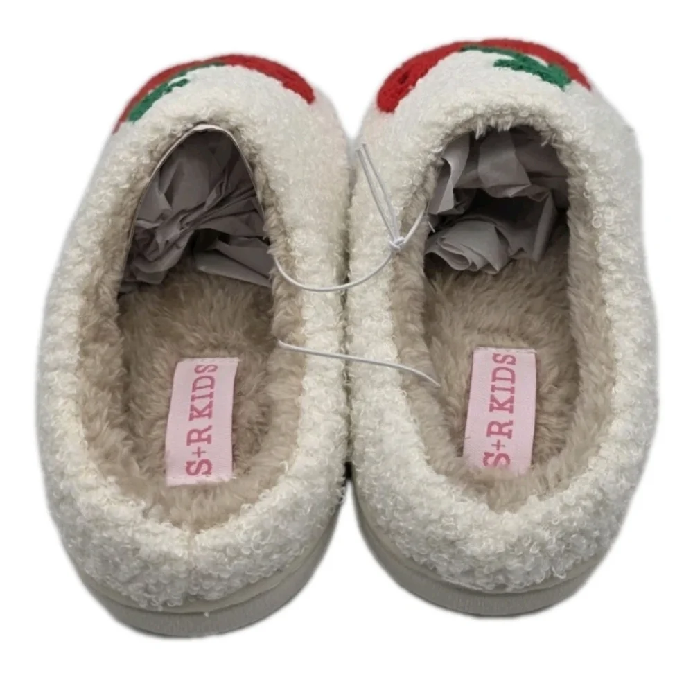 Smiley Face Plush Slippers Retro Soft Size 11 10 House Shoes Slip Ons Cherries